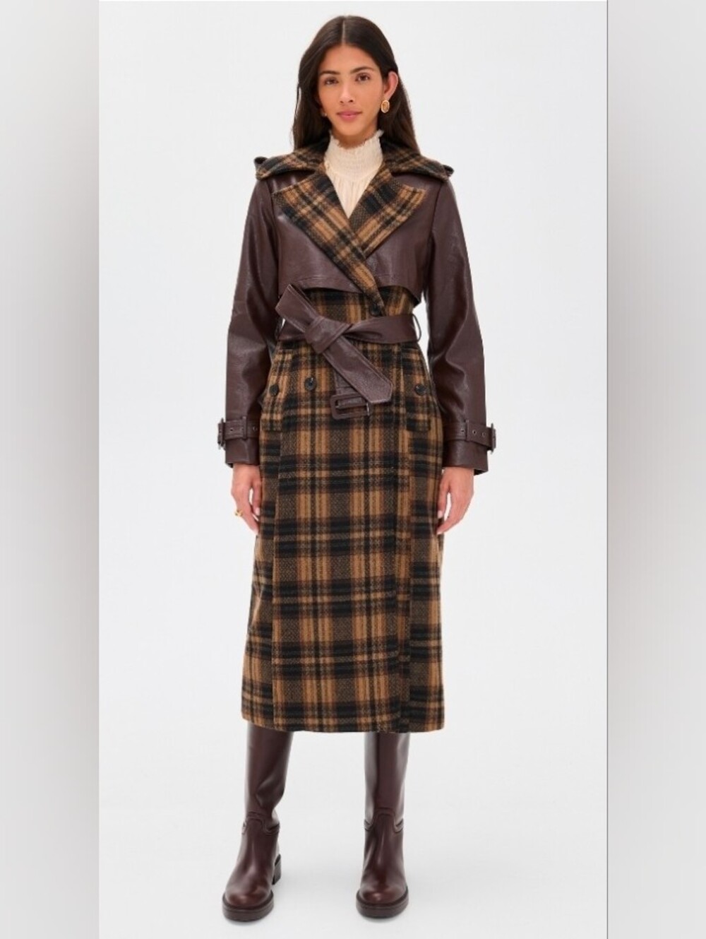 Avec Les Filles Brown Plaid Trench Coat with Dark Brown Faux-Leather Trim